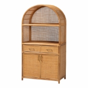 bali & pari Mairen Arched Natural Rattan Storage Cabinet -  Handwoven Pole Rattan Hutch with Two Drawers and Doors, Boho Coastal Display Cabinet for Dining Room or Living Space